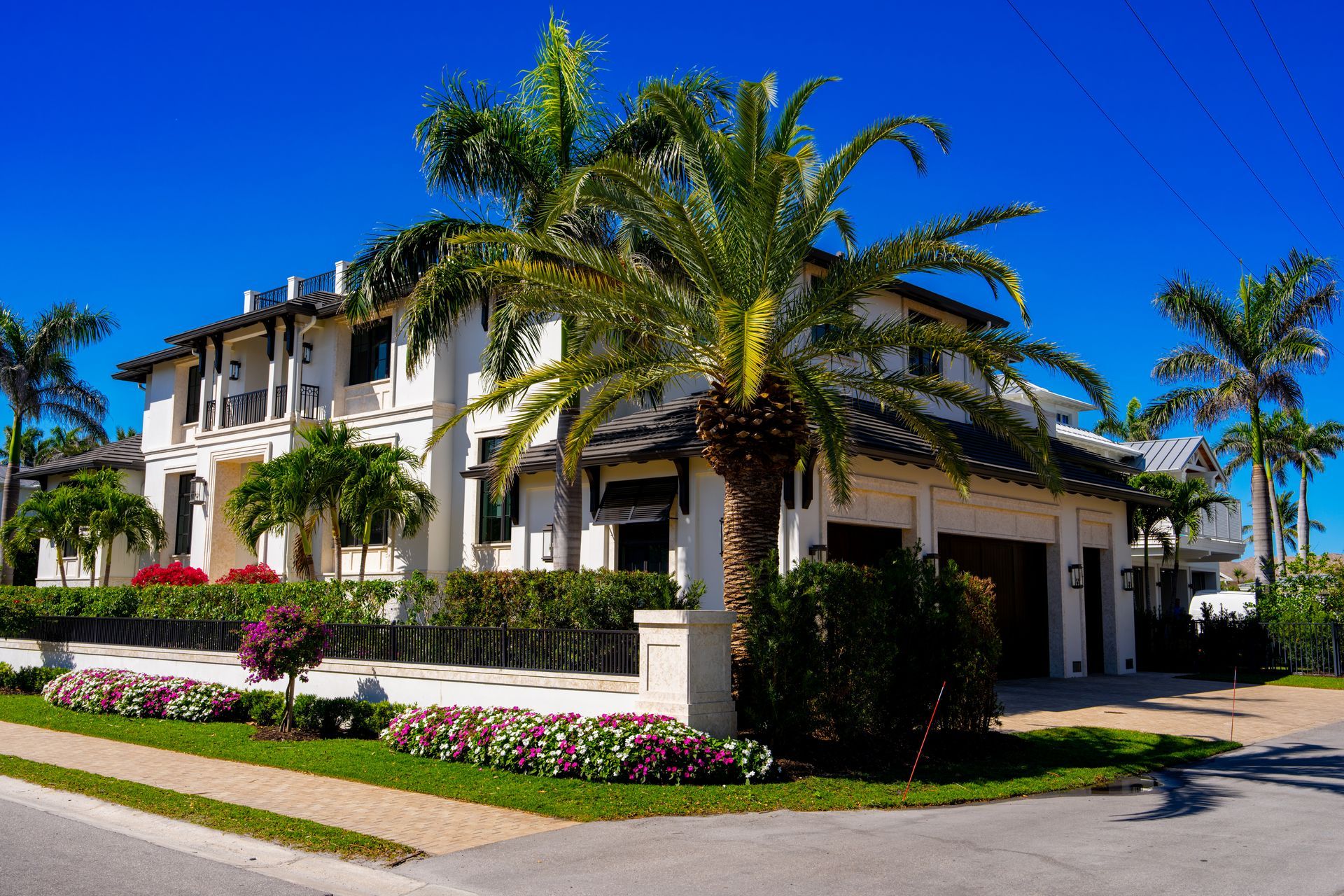 Luxury rental white stucco home with palm trees, 3-car garage, and tropical landscaping in Florida.
