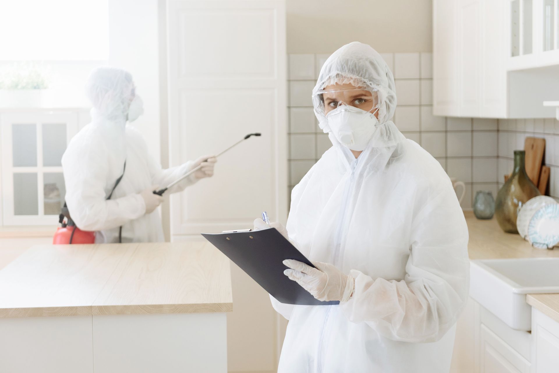 Two people in protective suits conducting a pest control inspection.