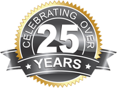 A seal that says celebrating over 25 years with a ribbon
