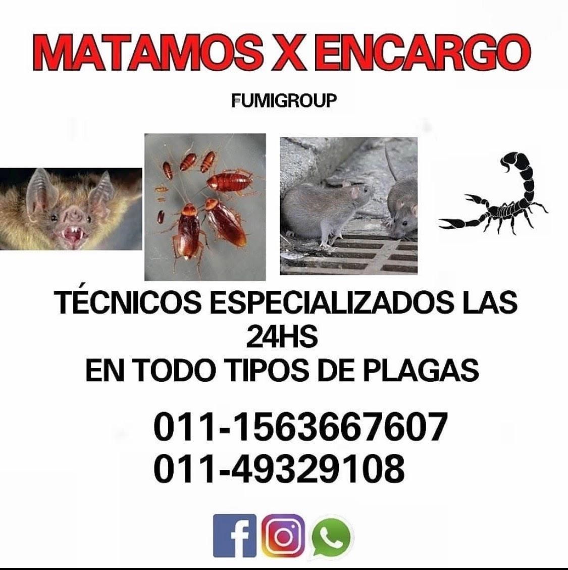 Anuncio de servicios de control de plagas, que muestra diversas plagas e información de contacto.