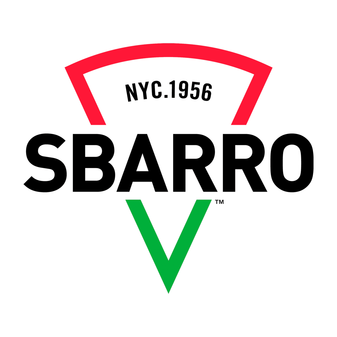 Logotipo de Sbarro con texto negro, parte superior roja, parte inferior verde y 