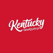 Logotipo de Kentucky Pizza sobre fondo rojo: letra blanca, 