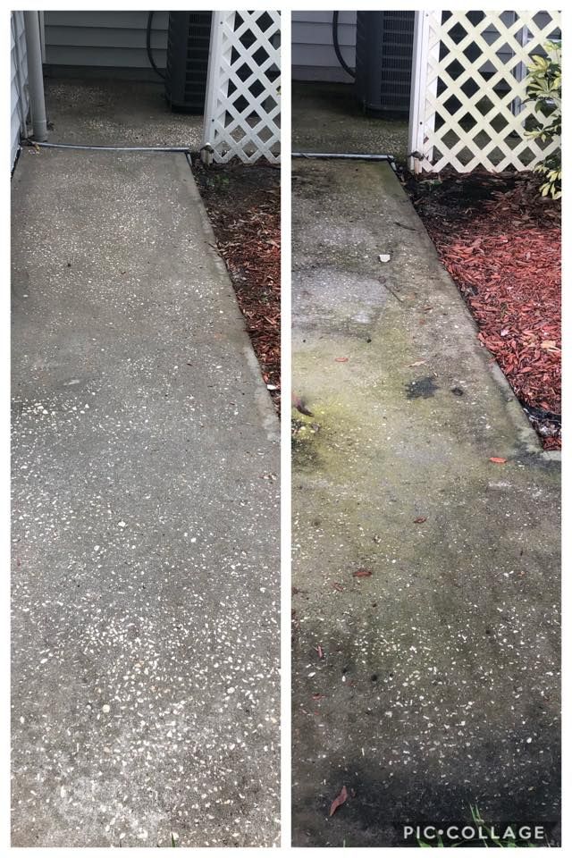 A before-and-after view of a concrete walkway; left side cleaned, right side dirty with green moss and black stains.