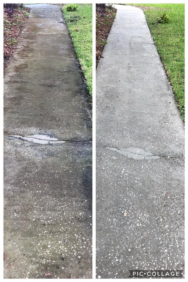Side-by-side comparison of a dirty and clean concrete walkway, showcasing the effectiveness of pressure washing.