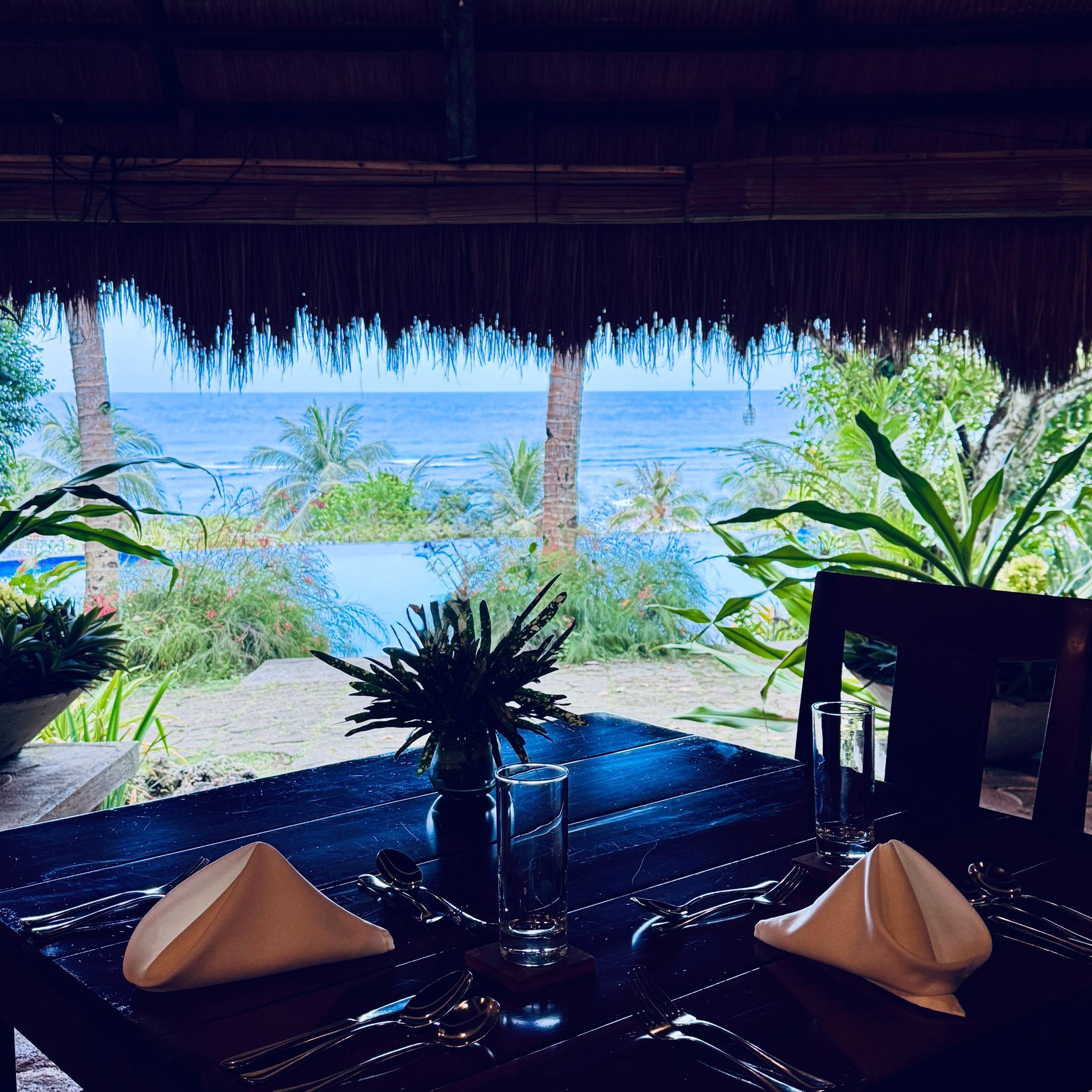 Thatched beachside dining table overlooking a tropical ocean and palm trees