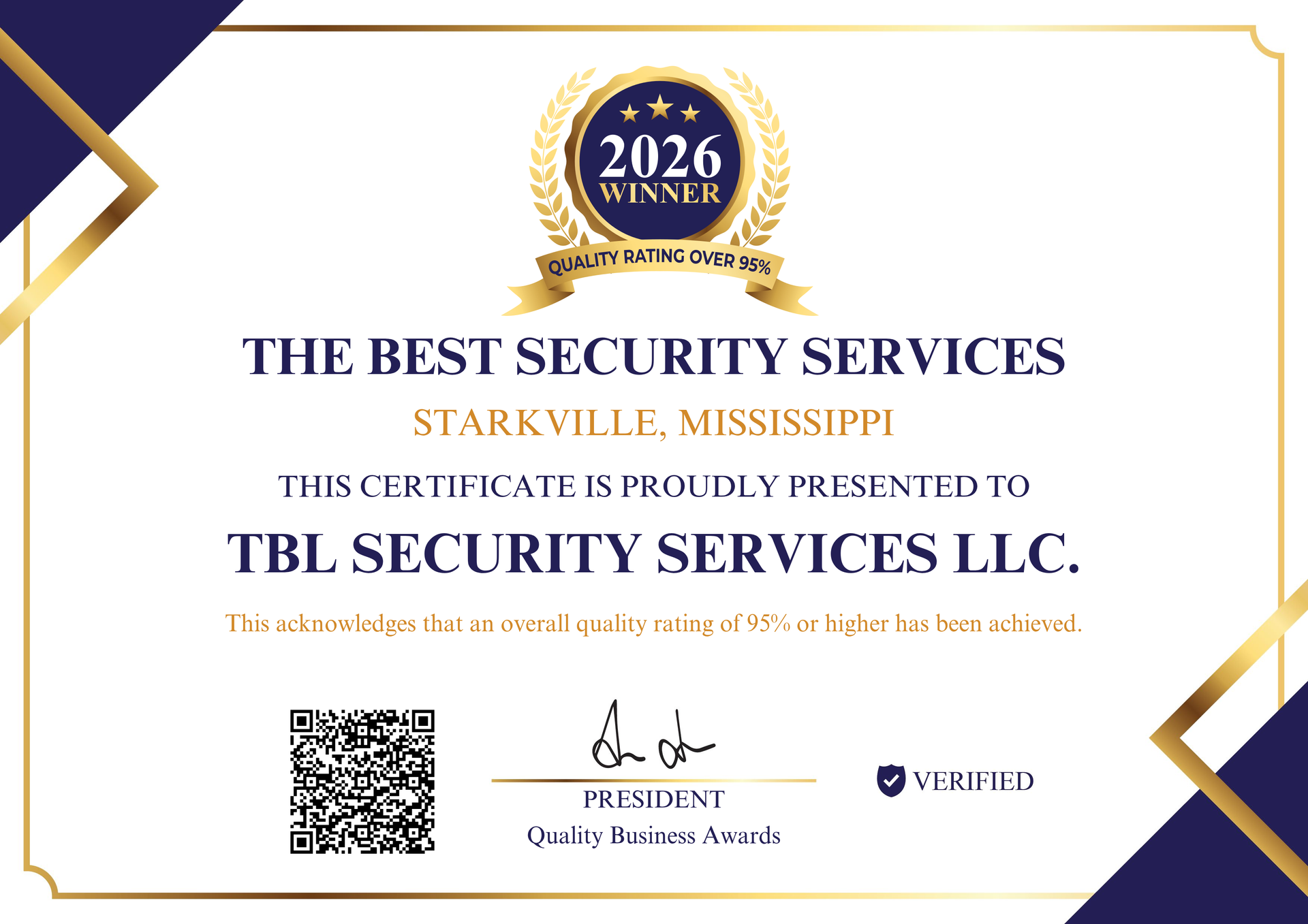A 2026 award certificate presented to TBL Security Services LLC in Starkville, Mississippi for best security services.