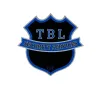 A black shield logo with a blue outline, featuring the letters