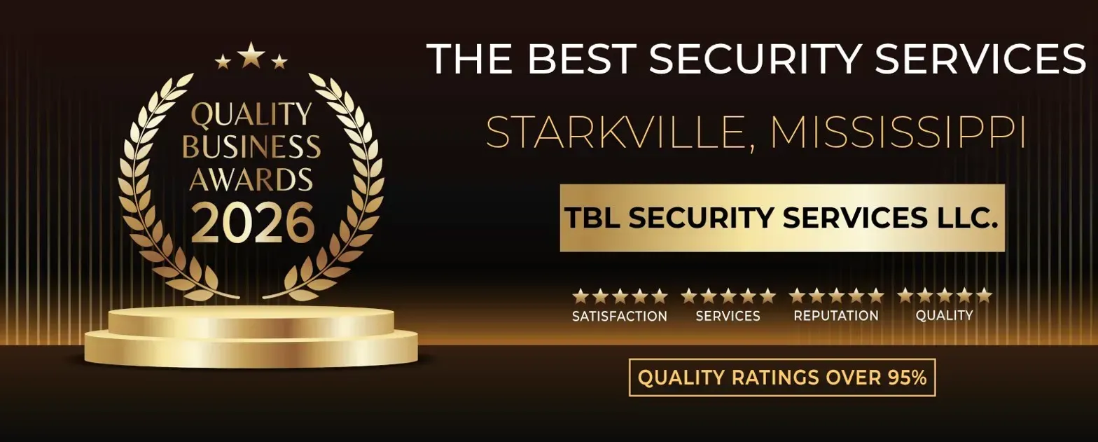 Award banner for TBL Security Services LLC in Starkville, Mississippi, showing a gold 2026 Quality Business Award trophy.