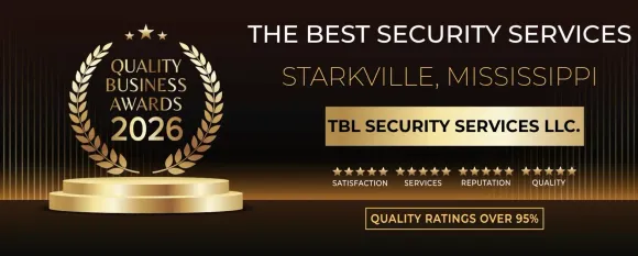 Award banner for TBL Security Services LLC in Starkville, Mississippi, showing a gold 2026 Quality Business Award trophy.