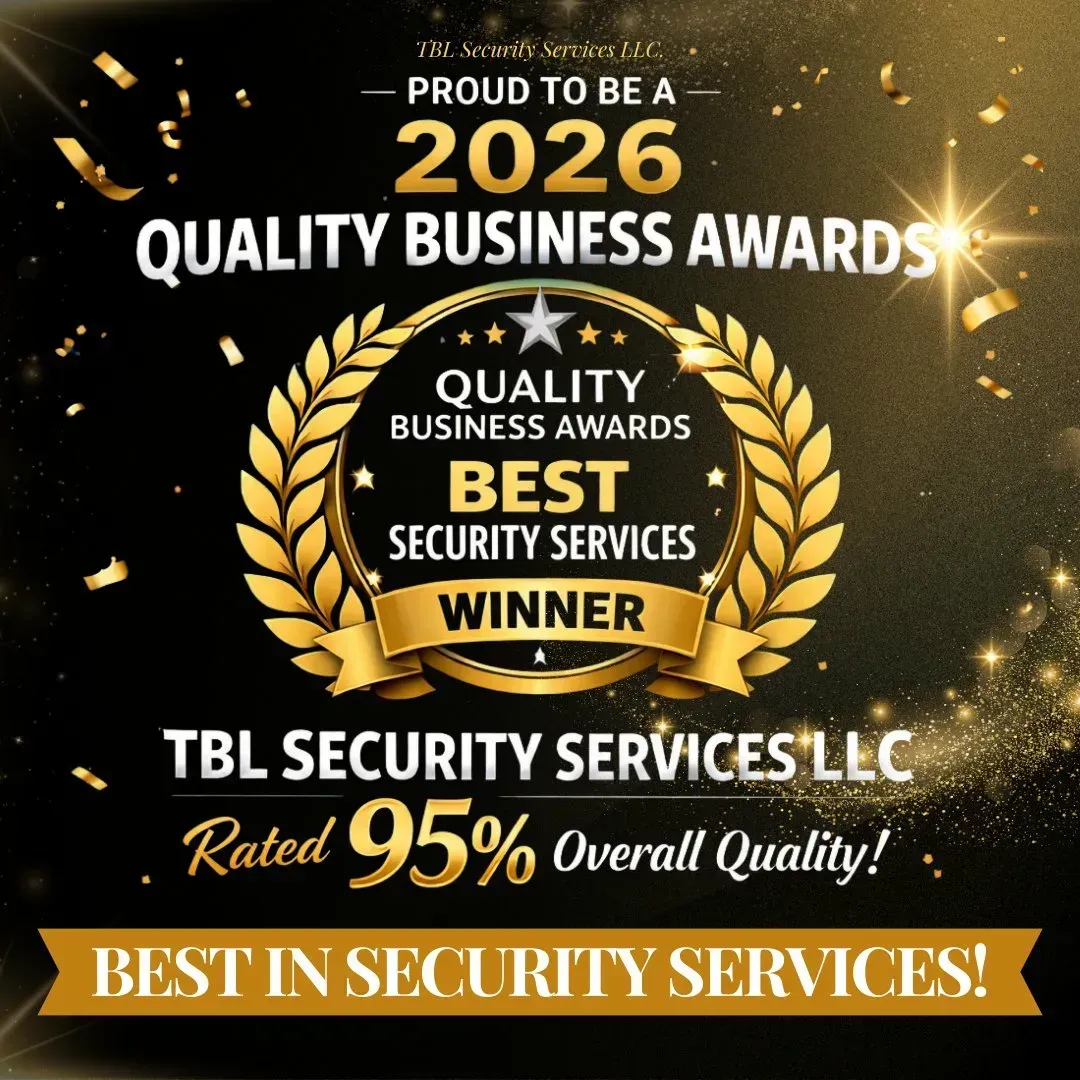 A 2026 Quality Business Award winner seal for TBL Security Services LLC, noted as the best in security with a 95% rating.