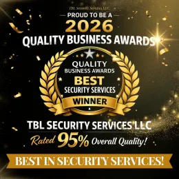A 2026 Quality Business Award winner seal for TBL Security Services LLC, noted as the best in security with a 95% rating.