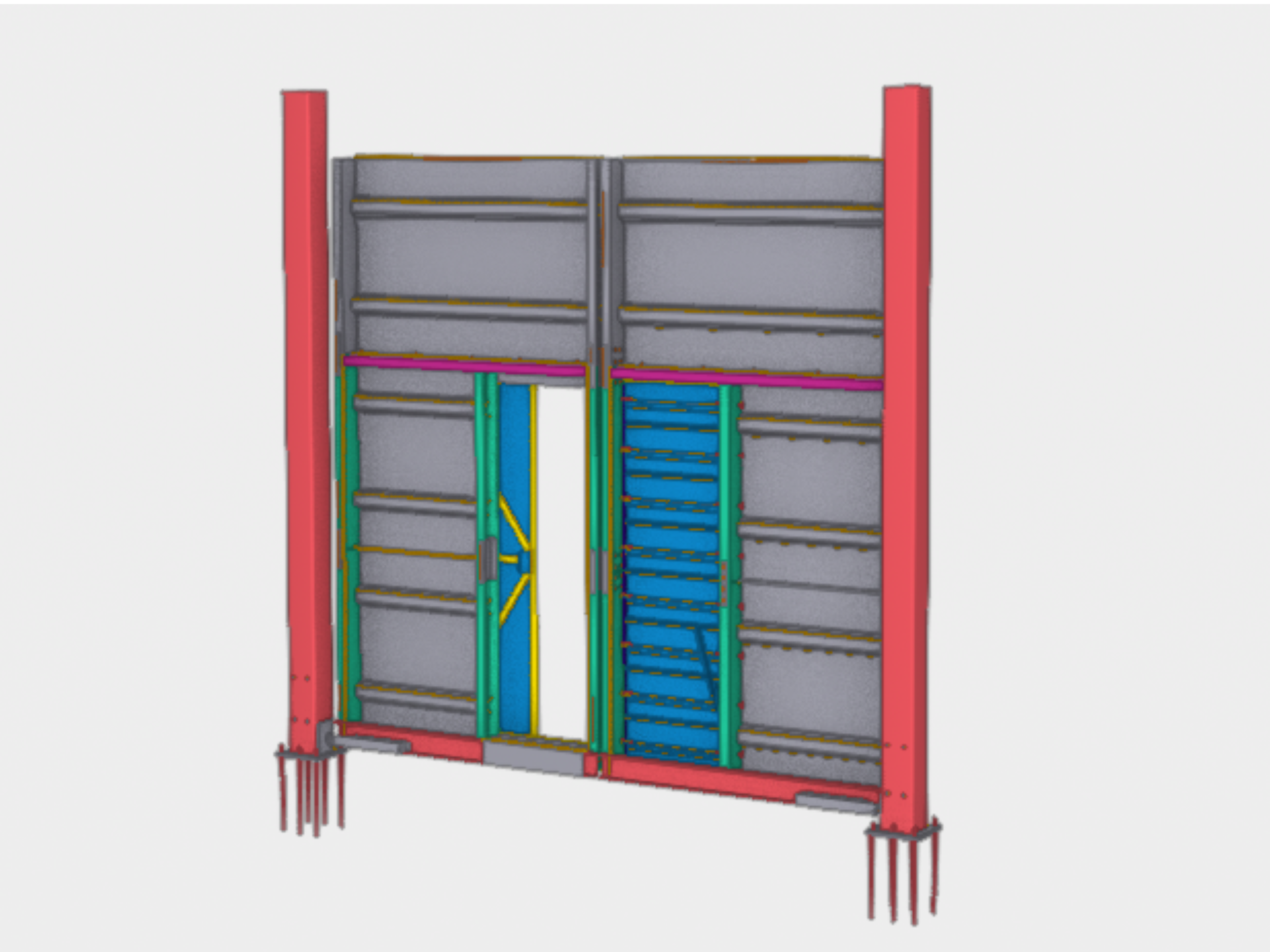 3d Structural Model of a Wall Section With Red Columns and Blue-green Doors or Panels — Vent Doors Australia in Bohle, QLD