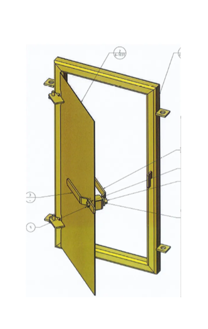 Exploded view of a yellow framed hinged door assembly with latch hardware and mounting brackets — Vent Doors Australia in Bohle, QLD