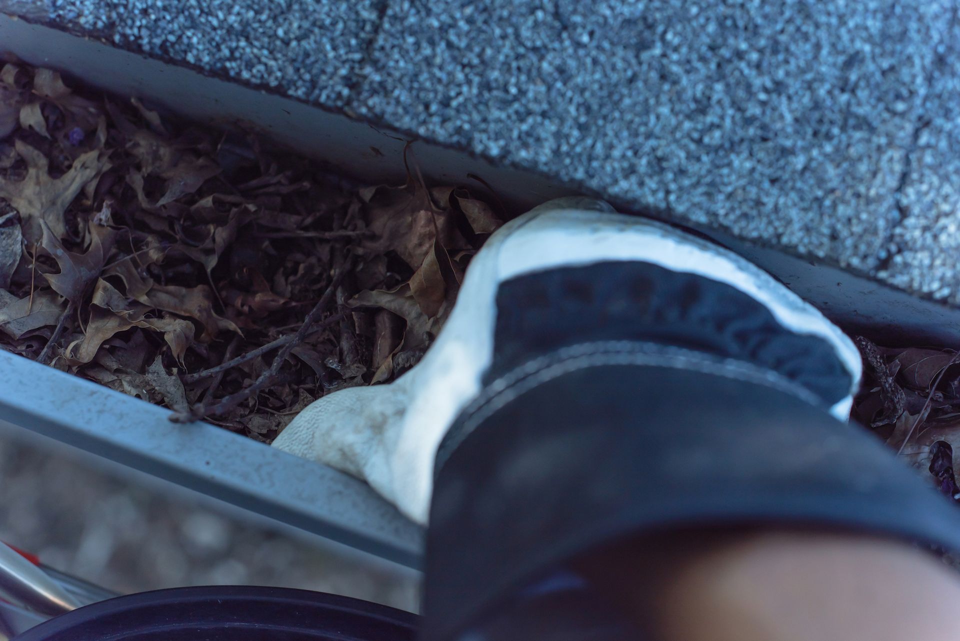 Gloved hand reaching into a gutter full of leaves, near a shingled roof edge.