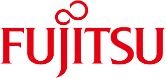 The fujitsu logo is red and white on a white background.