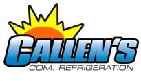 A logo for callen 's com refrigeration with a sun in the background