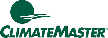 A logo for climatemaster with a green circle and waves