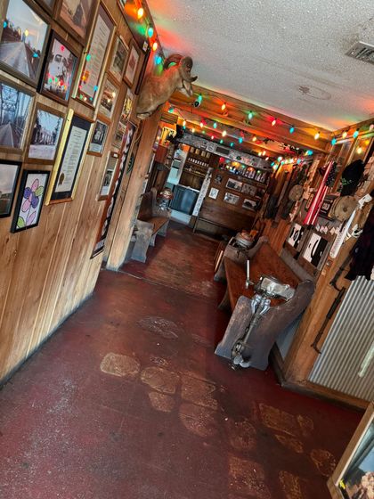 A long hallway filled with pictures and christmas lights.