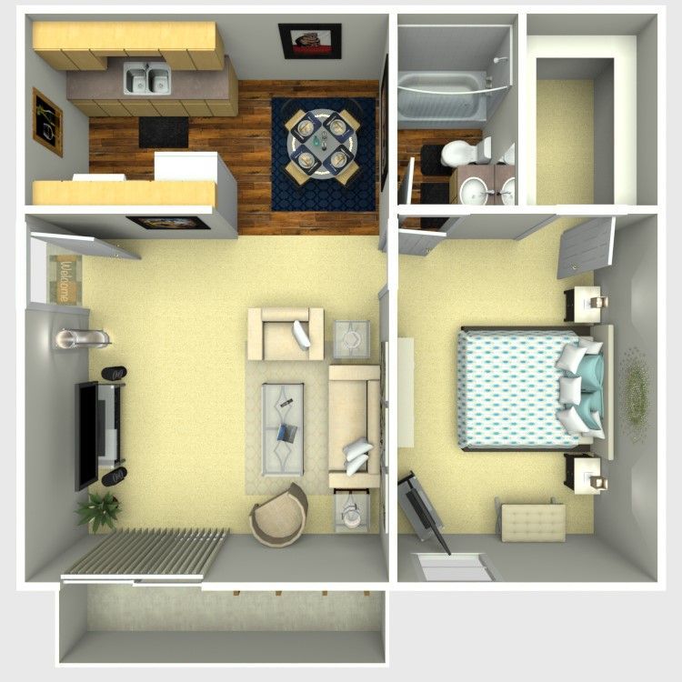 Top-down view of a small apartment floor plan. It has a kitchen, living room, bedroom, and bathroom; furniture and decor shown.