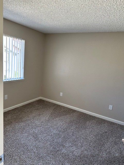 Empty room with tan walls, brown carpet, and a window with blinds.