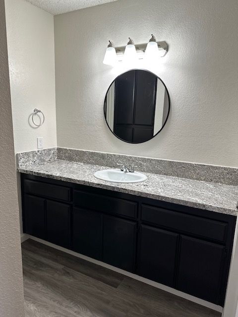 Bathroom with black cabinets, gray countertop, round mirror, and three-bulb light fixture.