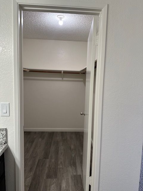 Empty closet with white walls, wood shelf, and gray floor. A door frames the interior space.