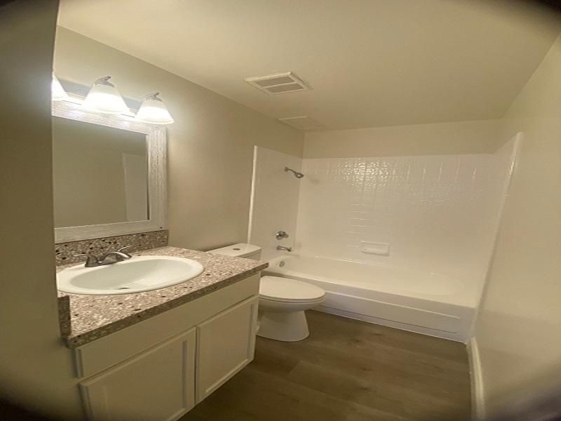 Bathroom with a white tub and toilet, a vanity with a sink, and a mirror with light fixtures.