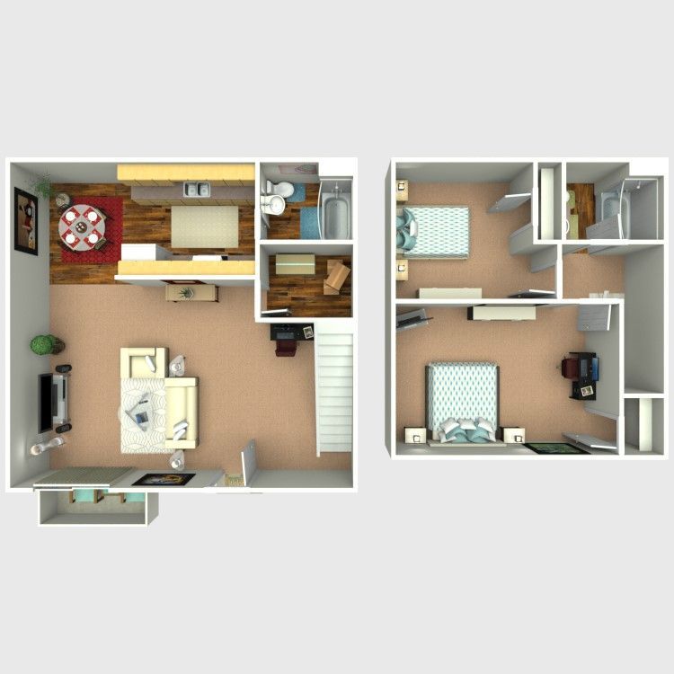 Floor plan of a two-story townhouse; kitchen, living area on the first floor, bedrooms and bathrooms on second floor.