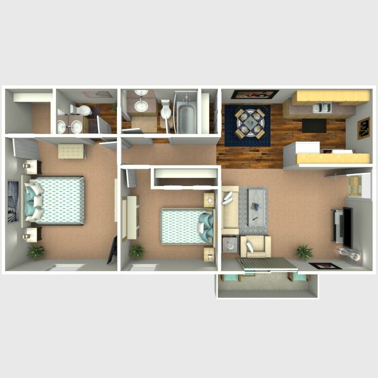 Floor plan of a two-bedroom apartment, with bedrooms, bathrooms, kitchen, and living room visible.
