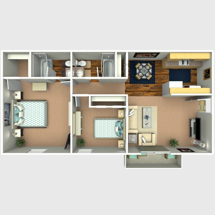 Floor plan of a two-bedroom apartment, including bedrooms, bathrooms, kitchen, and living area.