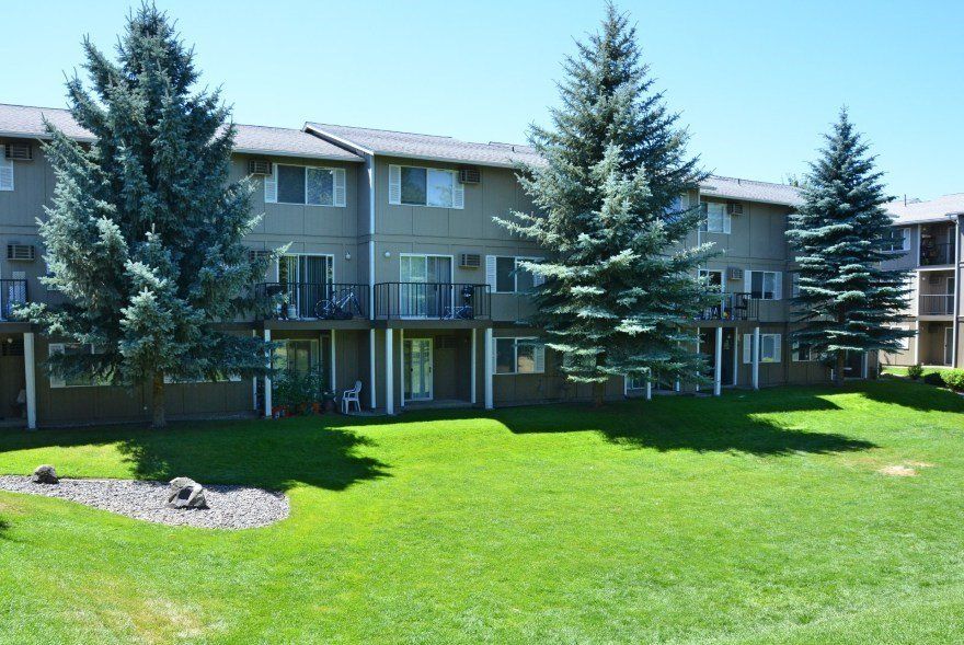 Apartment complex with multiple units, light green exterior, with spruce trees and green grass.
