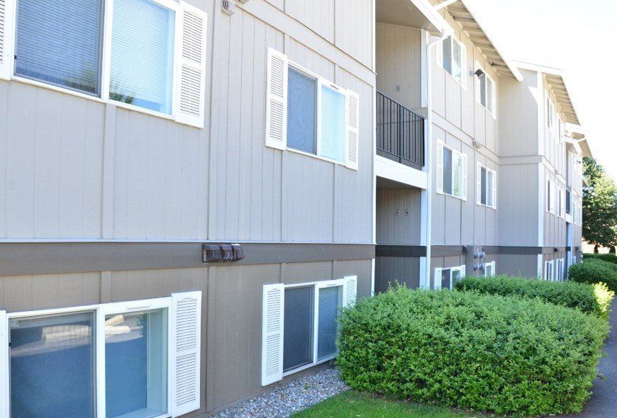 Gray apartment building with white shutters and green bushes.