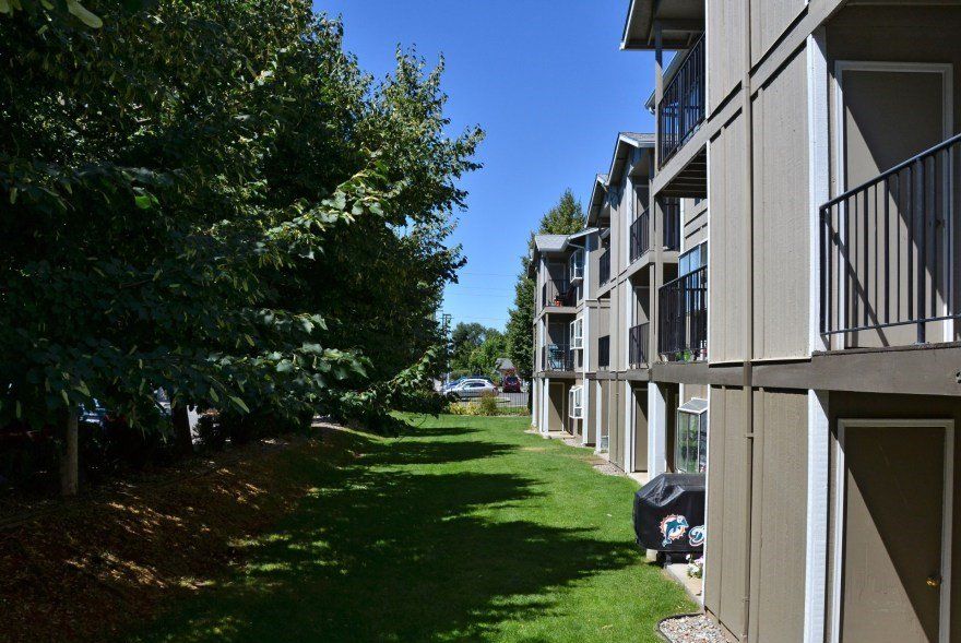 Apartment building exterior, sunny day. Green lawn, trees, and blue sky.