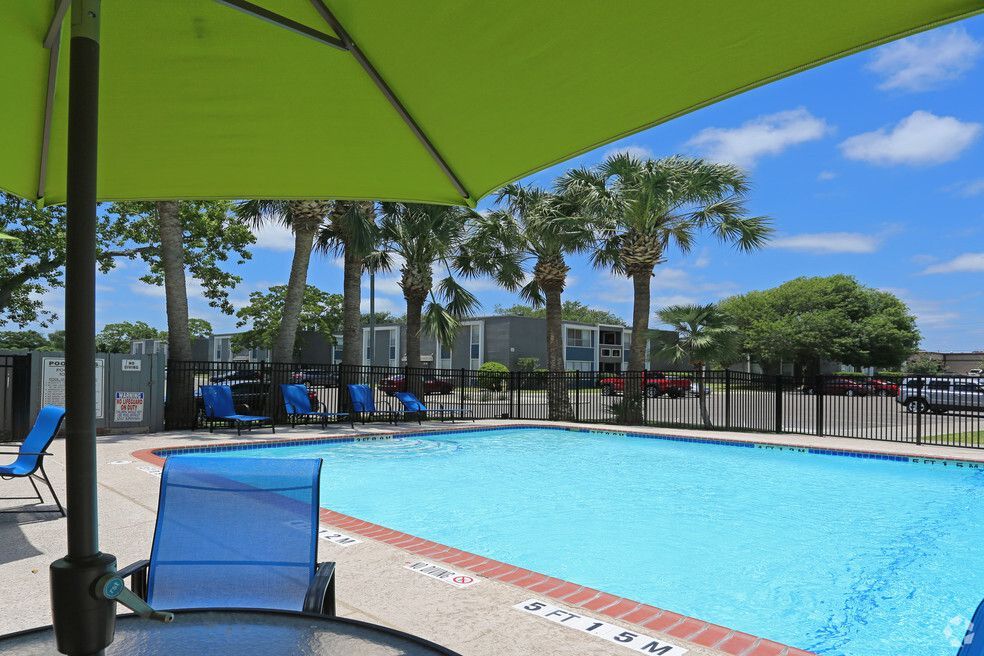 Pool area with blue chairs and umbrella. Palm trees and buildings in the background.