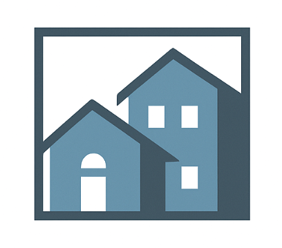 Two blue houses inside a square frame.