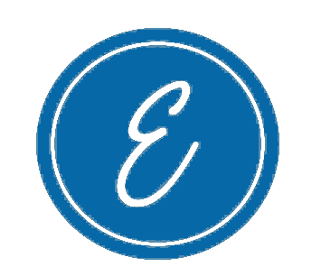 Blue circle with white outline and script 