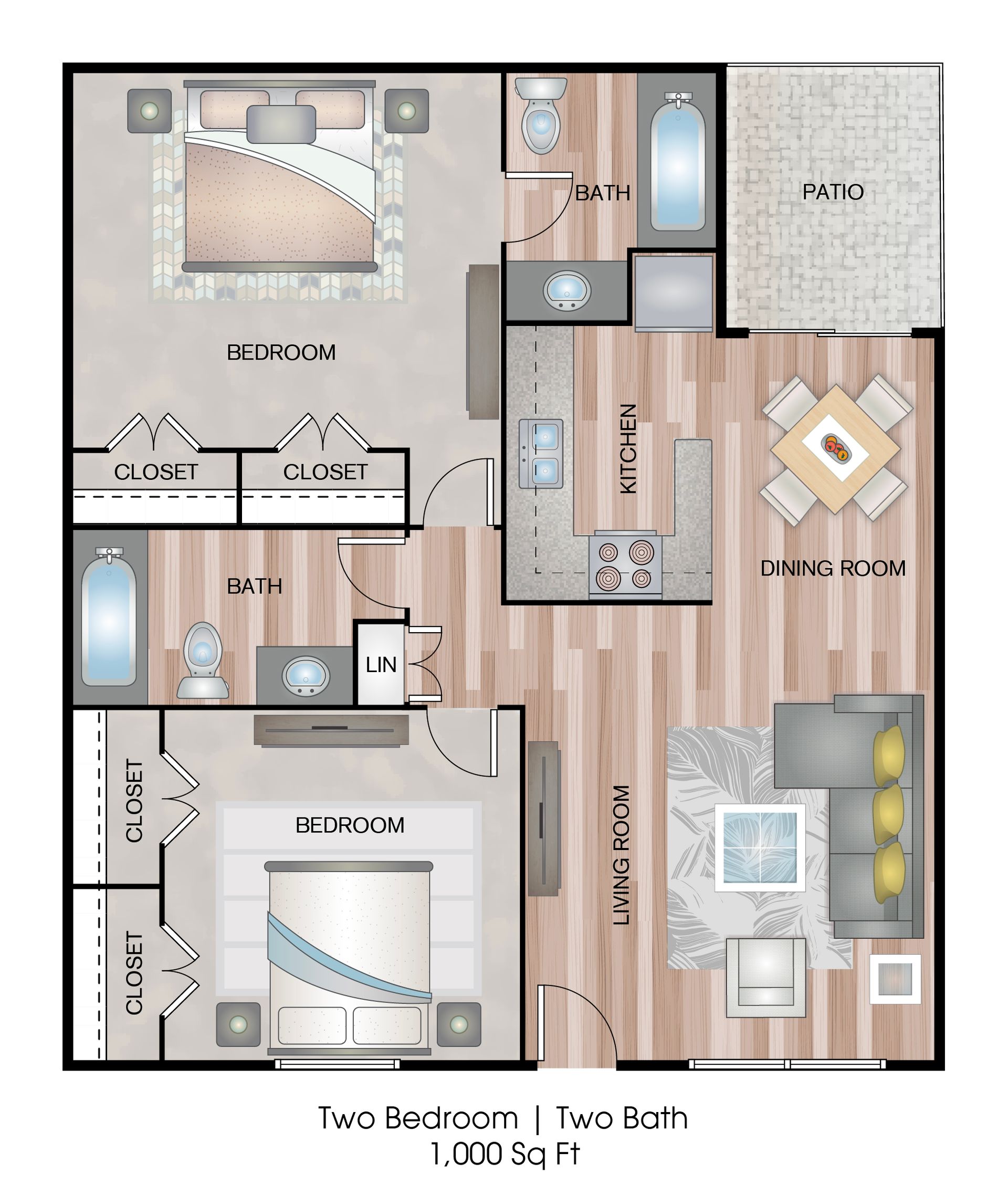 Floor plan of a two-bedroom, two-bath apartment. Includes kitchen, dining, living, and balcony areas.