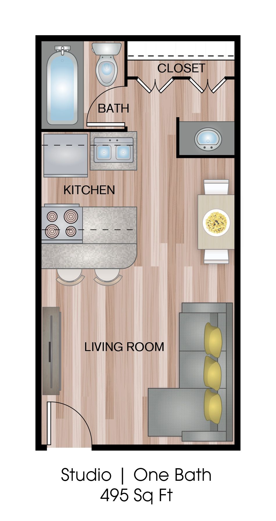Floor plan of a studio apartment, featuring a kitchen, living area, bathroom, and closet.