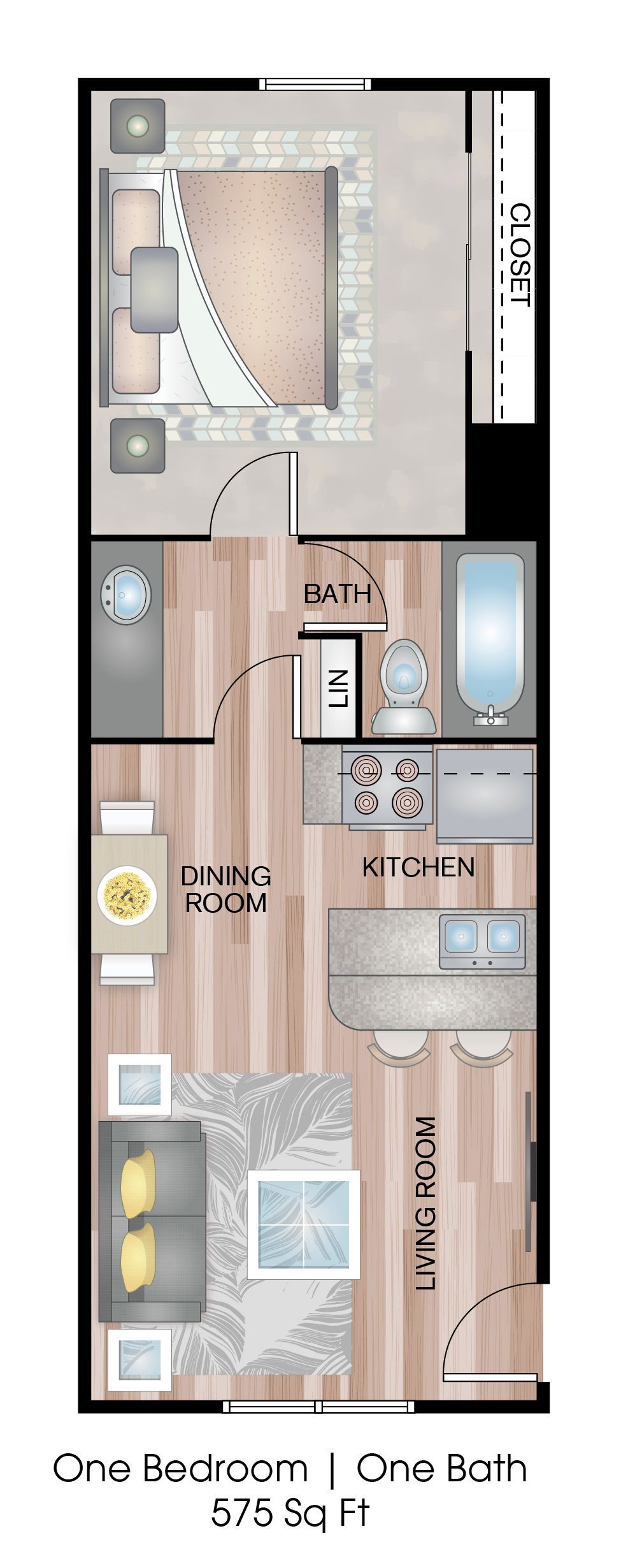 Floor plan of a one-bedroom apartment with a bathroom, kitchen, and living area.