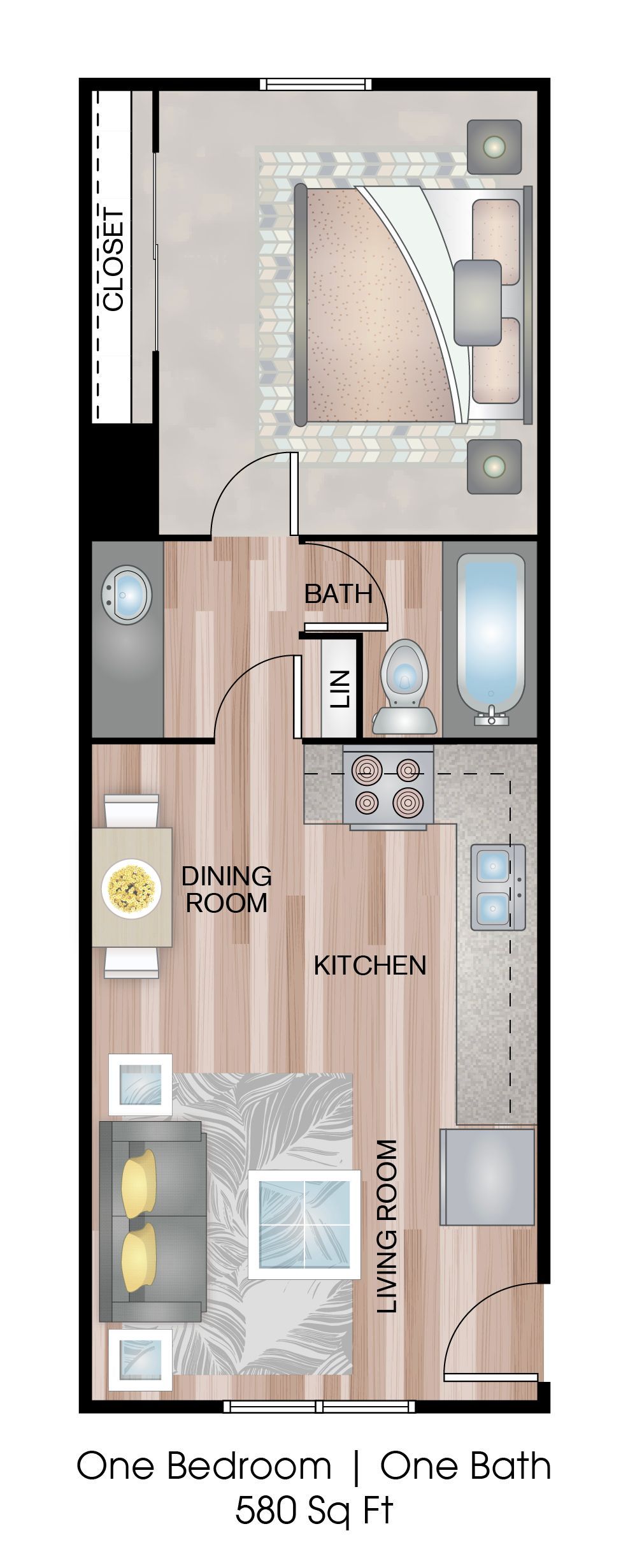 Floor plan of a one-bedroom apartment with a bedroom, bathroom, kitchen, and living area.
