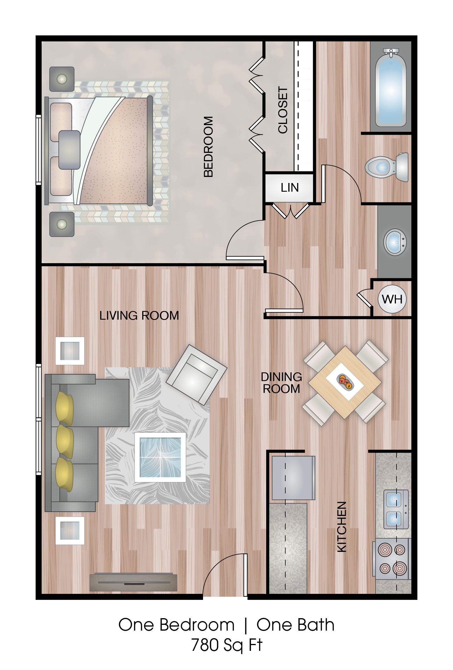 Floor plan of a one-bedroom apartment with kitchen, living room, dining area, and bathroom.