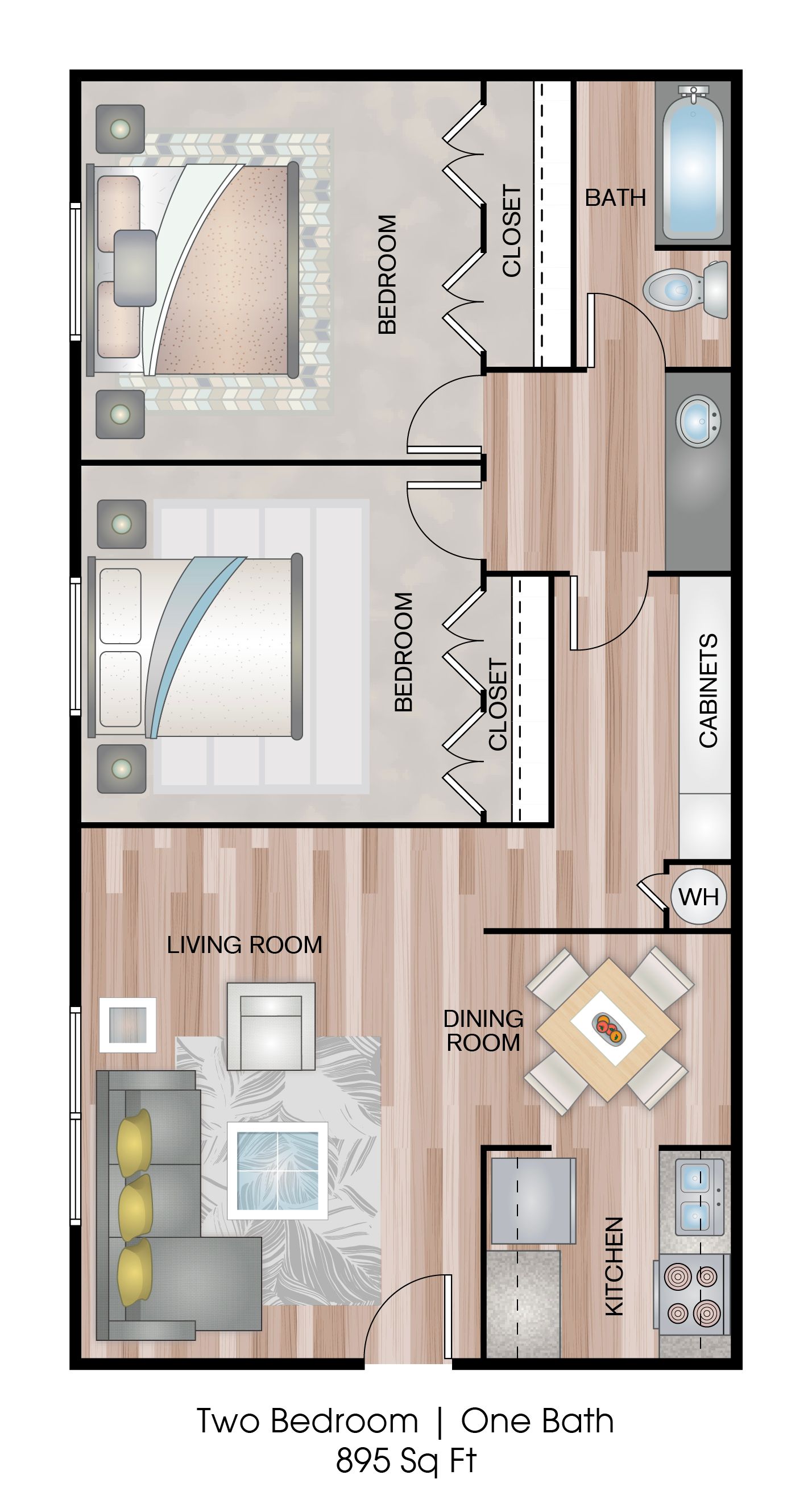 Floor plan of a two-bedroom, one-bath apartment with kitchen, living room, and dining area.