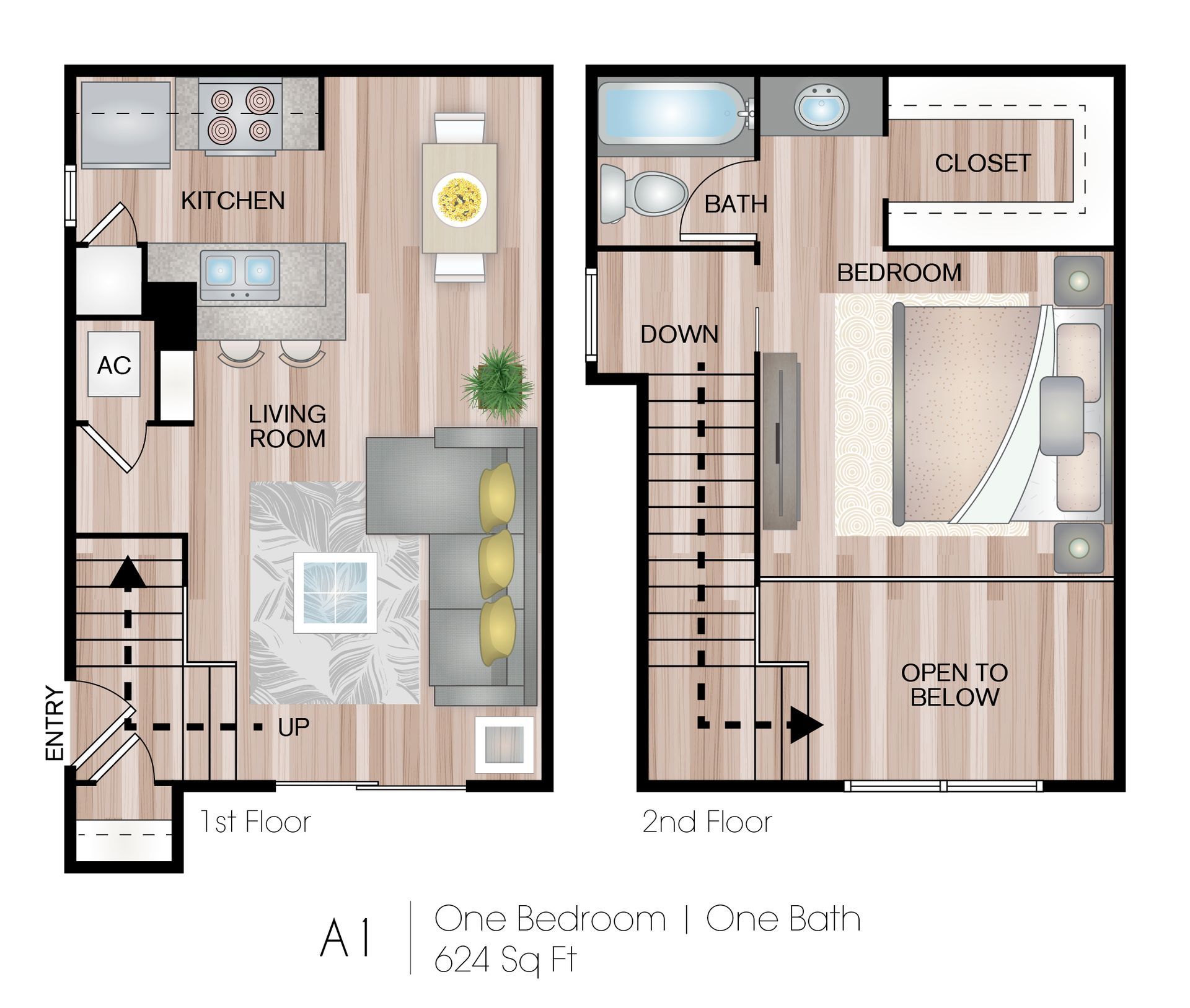 Floor plan of a two-story, one-bedroom apartment. Includes kitchen, living room, bedroom, and bathroom.
