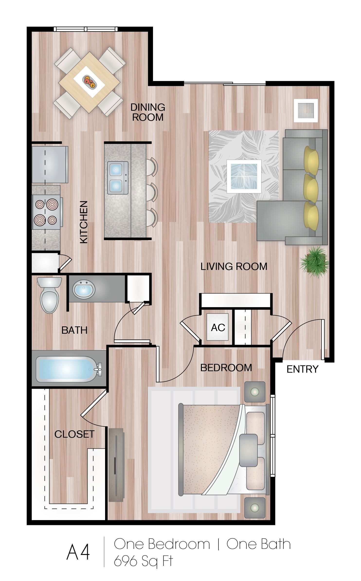 Floor plan of a one-bedroom apartment with dining, living, and bedroom areas.