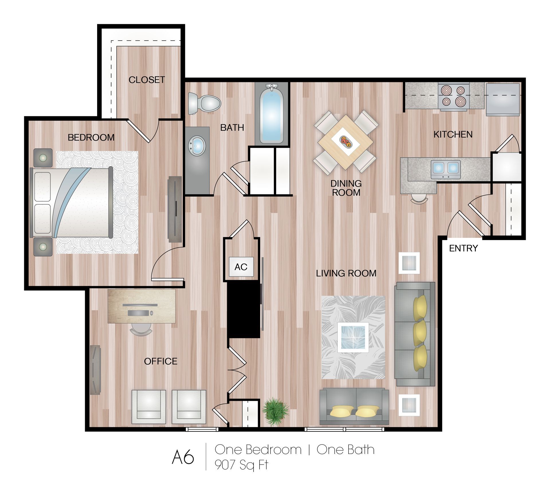 Floor plan of a one-bedroom apartment with a bedroom, office, living room, kitchen, and bathroom.
