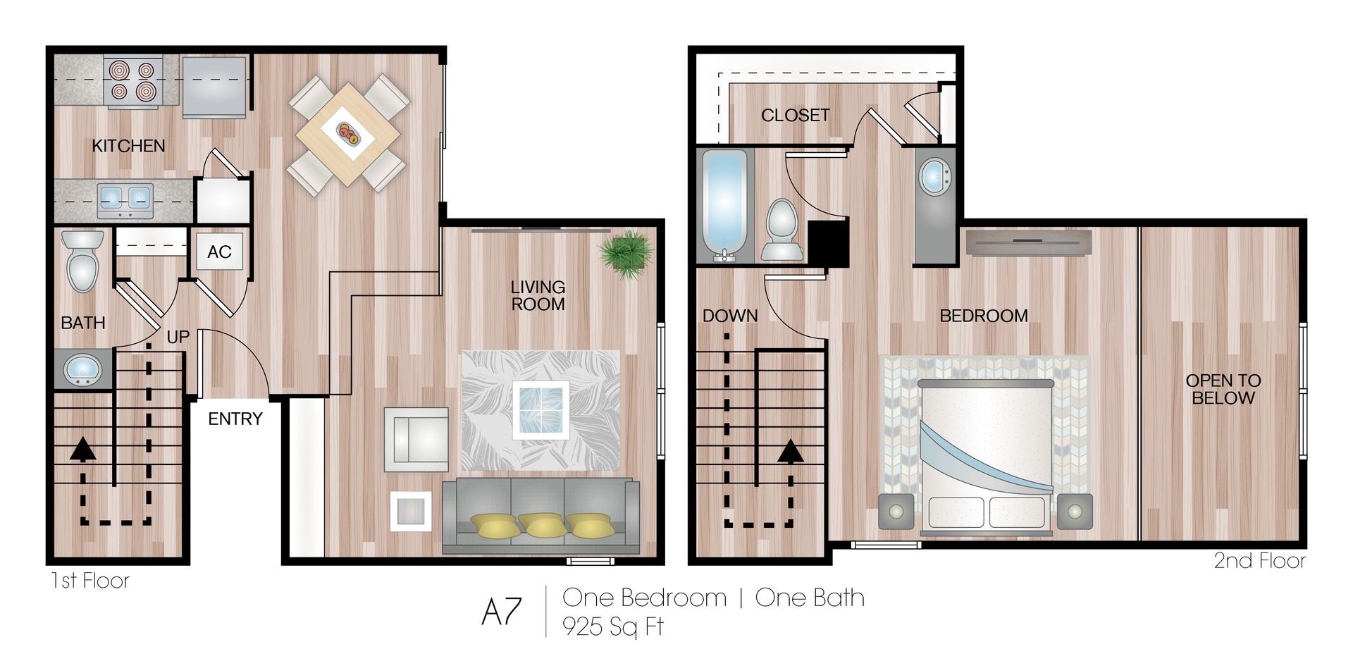 Floor plan of a two-story apartment with one bedroom, one bathroom, and a kitchen.
