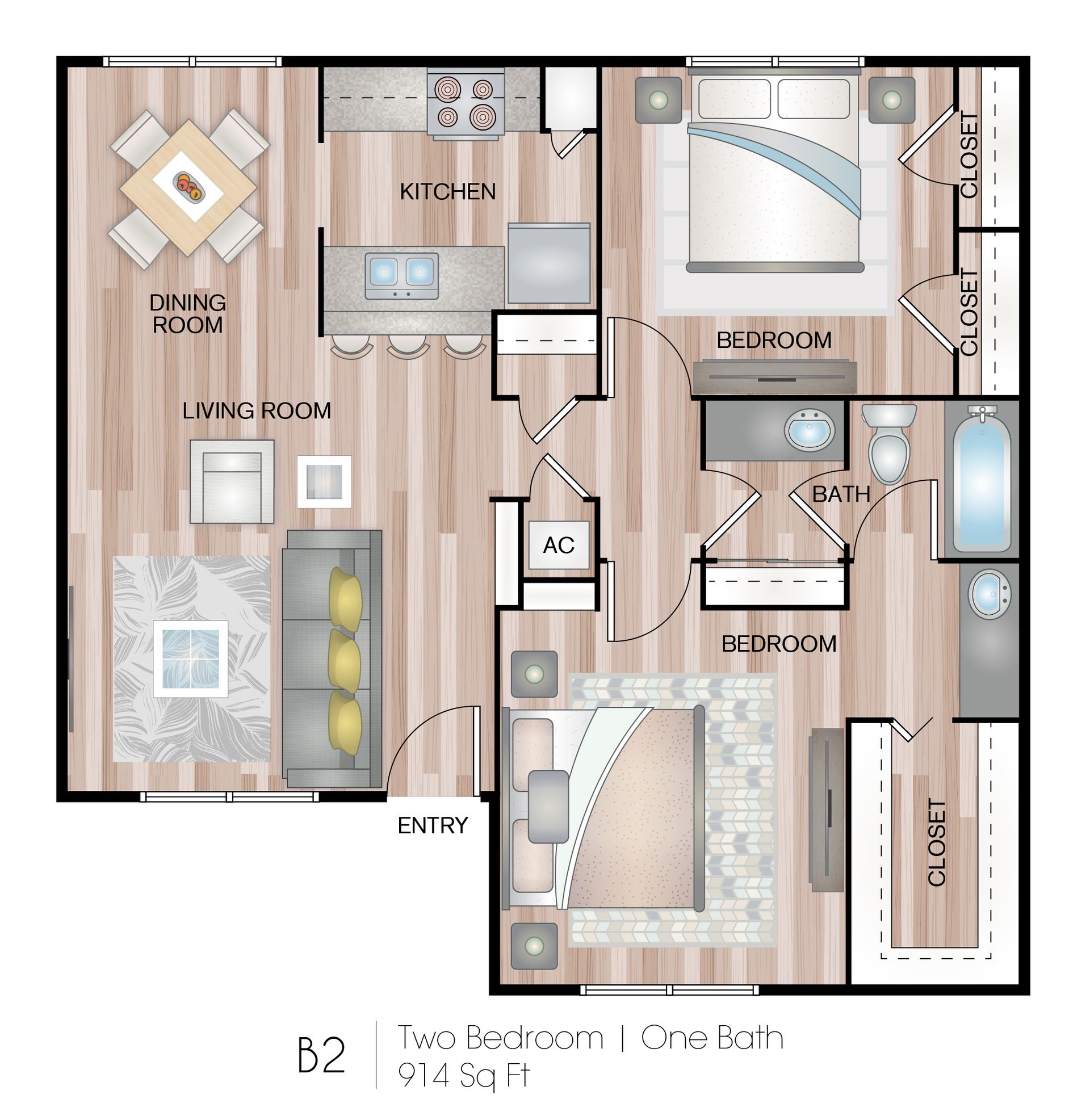 Floor plan of a two-bedroom, one-bath apartment labeled