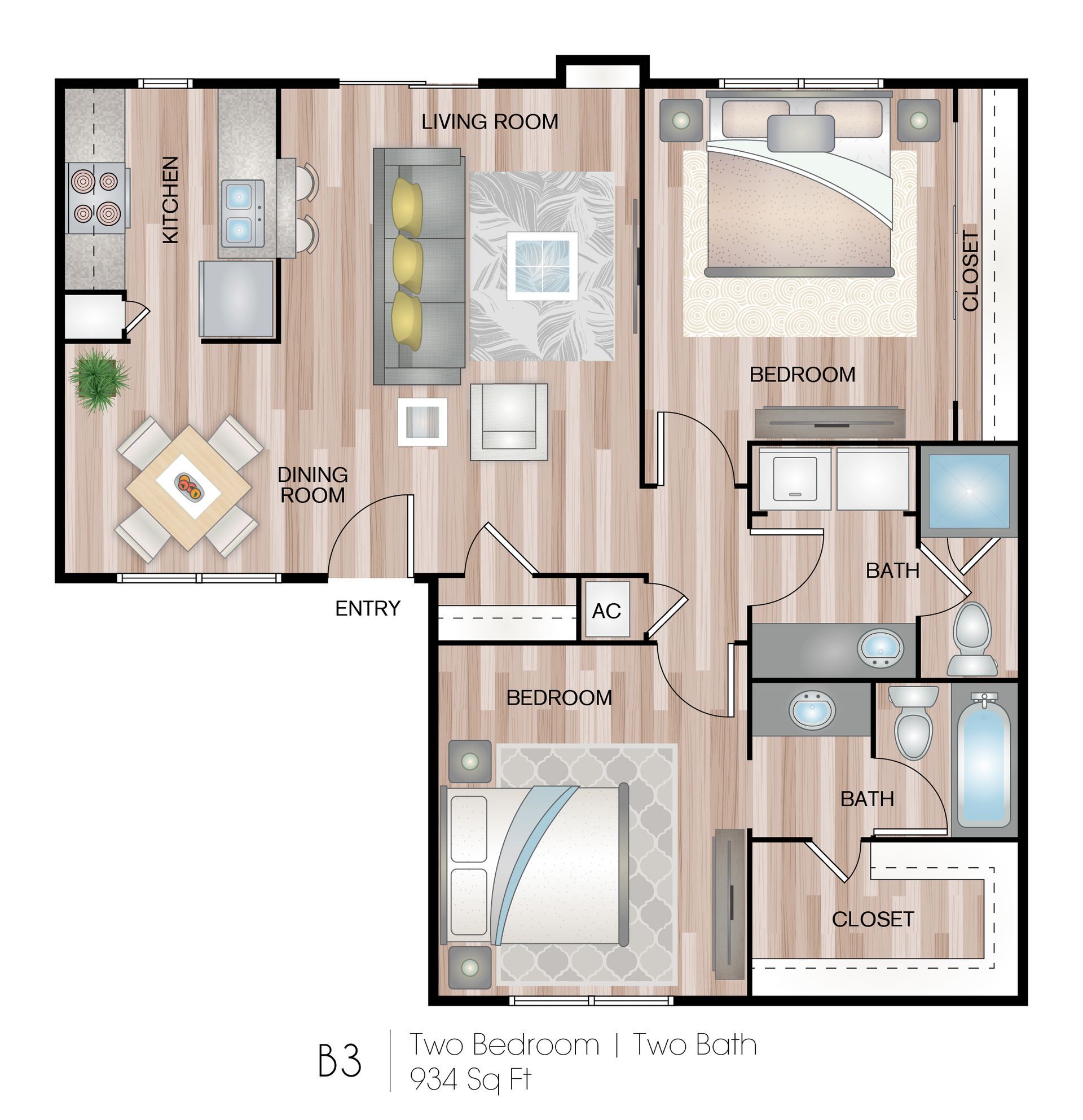 Floor plan of a two-bedroom apartment, including living room, kitchen, dining room, and two bathrooms.