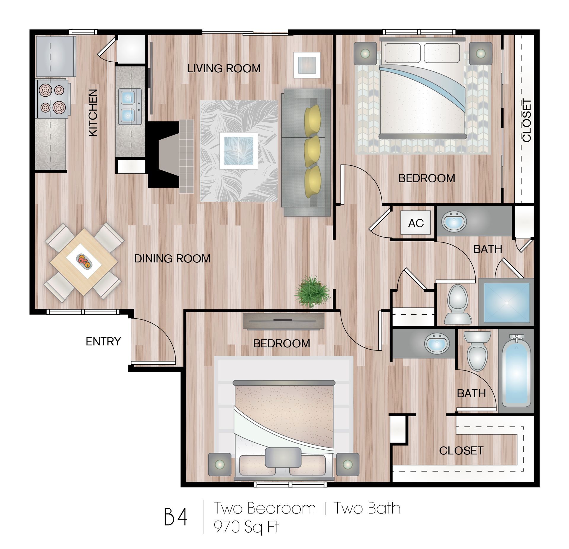 Floor plan of a two-bedroom, two-bath apartment, labeled B4, 970 sq ft. Includes kitchen, dining, living, and bedrooms.