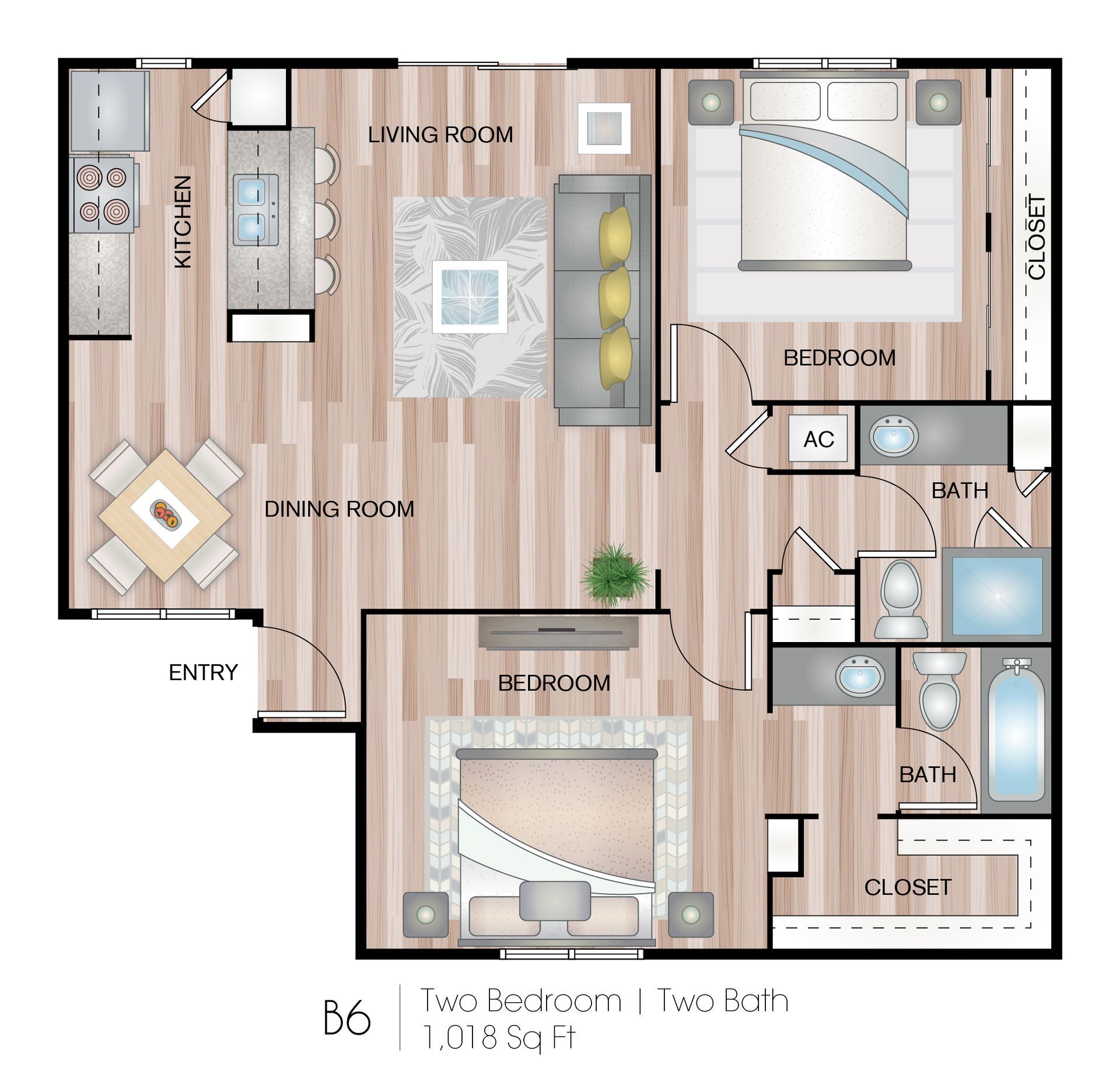 Floor plan of a two-bedroom apartment, labeled B6, with kitchen, living room, dining, and two bedrooms.